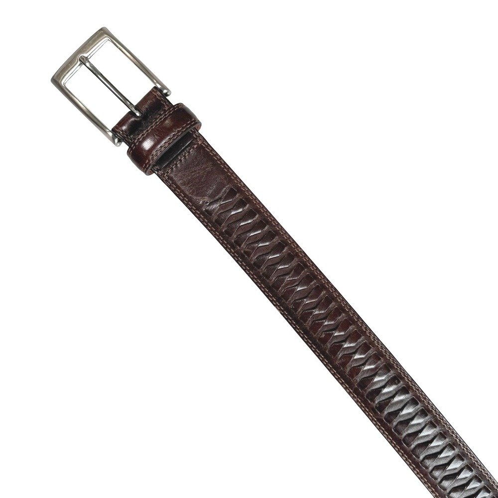 Cole Haan Leather Belt Mens 38 Brown Textured Silver Buckle Old Money Preppy - Picture 16 of 16